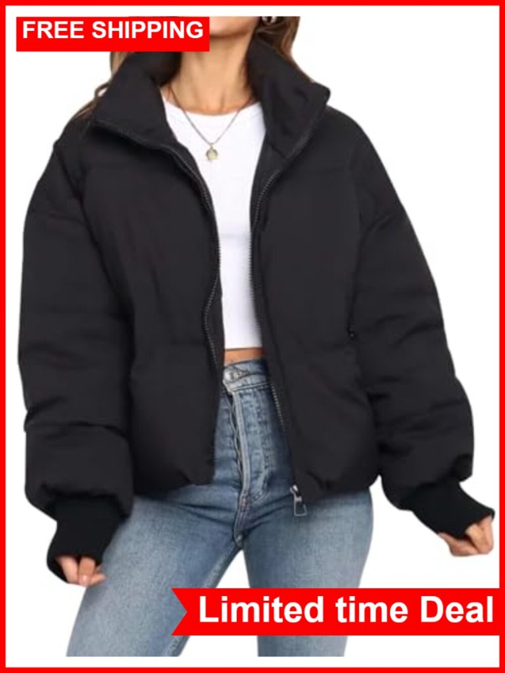 Women's Cropped Quilted Puffer Jacket Short Warm Winter Coat Long Sleeve